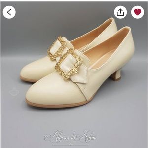 Womens Colonial Style High Heels Ivory Wedding Dress Shoes 18-Century Size 7